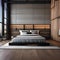 A sleek urban loft bedroom with concrete walls, exposed beams, and modern furnishings2