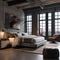 A sleek urban loft bedroom with concrete walls, exposed beams, and modern furnishings3