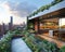 Sleek urban rooftop garden with modular planters outdoor kitchen