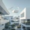 A sleek white delivery drone hovers gracefully above a backdrop of modern luxury apartments, symbolizing futuristic