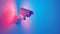 Sleek white security cameras with holographic accents on pastel background for text placement