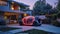 A sleek, white self-driving electric car parked gracefully outside a modern house at twilight, seamlessly integrating