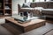 sleek wooden coffee table with glass top and minimalist accessories