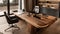 a sleek wooden home office, where functionality seamlessly intertwines with refined aesthetics, highlighting an