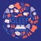Sleep and bedroom supplies banner vector illustration. Night equipment and clothing concept. Sleeping mask and hat