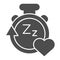 Sleep duration tracker line and solid icon. Gadget with arrow and heart symbol, outline style pictogram on white