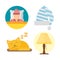 Sleep icons lamp vector illustration set collection nap icon relax bedtime set sleeping cat bedroom pajamas
