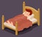 Sleep man bed rest night blanket pillow cartoon design vector illustration