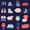 Sleep vector nignt time related vector icons set button human clock sleep icons hostel bedding relaxation. Bedroom art