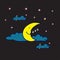 Sleep yellow crescent with clouds and stars vector illustration. night background. yellow moon, blue clouds, orange stars. hand dr