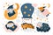 Sleeping baby animals. Cute kids characters. Childish elephant and dog napping on clouds. Tiger in pajamas and nightcap