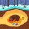 Sleeping bear illustration. Winter hibernation of a bear in a cozy den