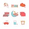 Sleeping, bedtime rest and bed thin line icons set