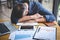 Sleeping Businessman, Tired senior businessman sleeping having long working day overworked on table in his office