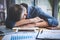 Sleeping Businessman, Tired senior businessman sleeping having long working day overworked on table in his office