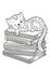 Sleeping cat lying on top of books. Detailed coloring page for adults. World Book Day