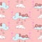 Sleeping Cats With Clouds Vector Repeat Pattern In Pink