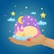 Sleeping colorful unicorn, fantasy magical animal fantasy world, baby s hand, cute sweet dream, cartoon style vector
