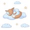 Sleeping cute cartoon fox hugging a cloud.