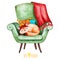 Sleeping cute kitten on cozy green chair with multicolored cushions and plaid