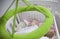 Sleeping four month baby boy lying in cot with mobile