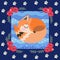 Sleeping fox on a blue polka dot background in a beautiful floral frame. Patchwork pattern for children. Great collection. Vector