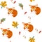Sleeping fox seamless pattern. Autumn leaves. Awesome forest background in bright colors. Perfect for textile, wallpaper or print