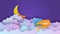 Sleeping girl in clouds in paper cut style. Young woman sleep and dreaming in night sky with gold moon crescent. Fairy