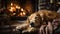 Sleeping Golden Retriever Relaxing During The Holidays In Front of The Warm Fireplace - Generative AI