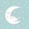 Sleeping half moon white cute bird blue night sky stars kids illustration room decoration, light pastel colors