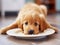 sleeping little dog eating food from his plate