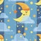 Sleeping month. Baby vector background. Moon, asterisks and cloud on blue sky background.