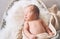 Sleeping newborn baby in basket wrapped in blanket in white fur background. Portrait of little child one week old