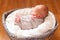 Sleeping newborn baby boy in the gray basket. Small hands and feet of the child. Baby wrapping