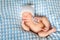 Sleeping newborn baby with a kitten toy on a blue blanket