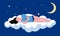 Sleeping person illustration. Cartoon sleeping and dreaming young girl flying in night sky, insomnia or sleep well