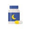 Sleeping pills islated on white background. Medical product, Pharmaceuticals bottle icon in flat style.