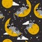 Sleeping raccoons, moon, stars and clouds, colorful seamless pattern