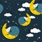 Sleeping sheeps, decorative cute background. Colorful seamless pattern with animals, moon, stars