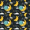 Sleeping sheeps, decorative cute background. Colorful seamless pattern with animals, moon, stars. Night sky