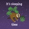 Sleeping sloth on tree branch . Cute cartoon character. Wild jungle animal collection. Baby education. Isolated. Flat
