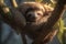 Sleeping smiling sloth on tree branch. Generate Ai