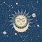 Sleeping sun with closed eyes over crescent, astrology, planets on orbits in space, sun face and constellations, tarot magic