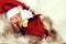 Sleeping, three week old, newborn, baby girl wearing a crocheted Santa hat .
