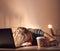 Sleeping, tired and burnout by business woman working at night in office on laptop for deadline, email or proposal