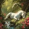 A sleeping unicorn in a peaceful, enchanted garden, a lush garden with exotic flowers and a gentle stream, peaceful