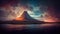 Sleeping volcano. Volcanic island in the sea under a cloudy sky. Imitation of oil painting. AI-generated