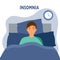 Sleepless man suffering from insomnia. Young guy with open eyes in darkness night lying on bed concept vector illustration. Woman