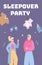 Sleepover card with man and woman at night party, vector cartoon illustration.