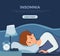 Sleepy awake man in bed suffers from insomnia. Vector illustration of tired exhausted sad guy insomniac